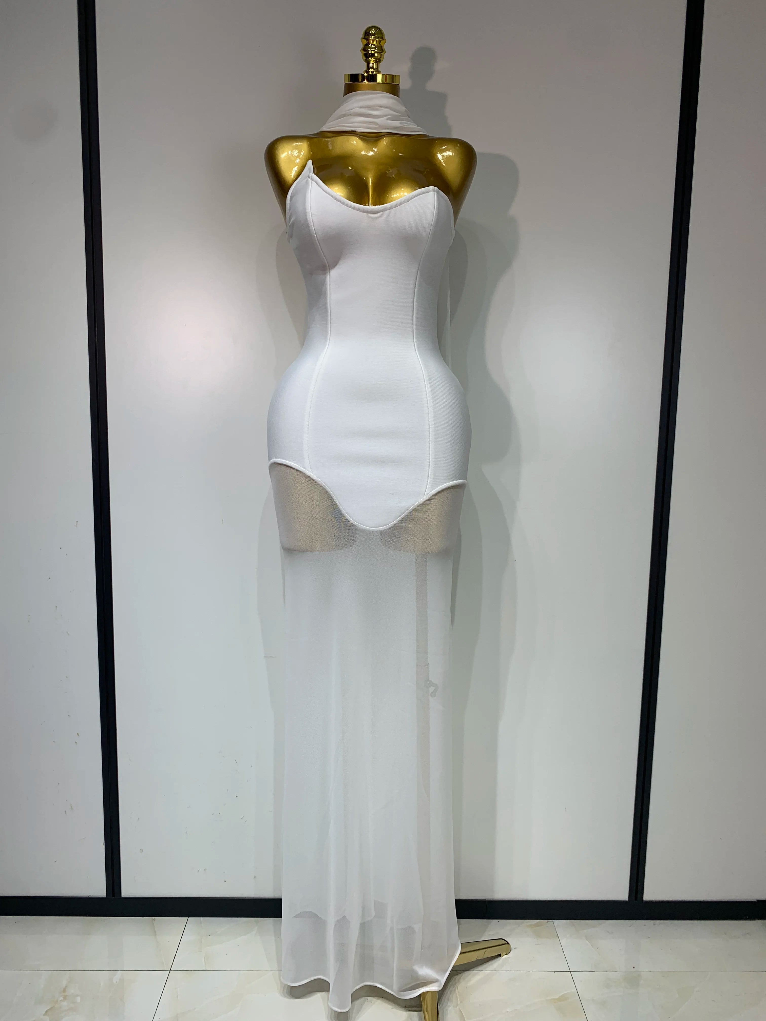 Women Sexy Strapless Mesh Patchwork Bandage Long Dress With Scarf 2025 Elegant Backless Maxi Dresses Celebrity Club Party Outfit WHITE