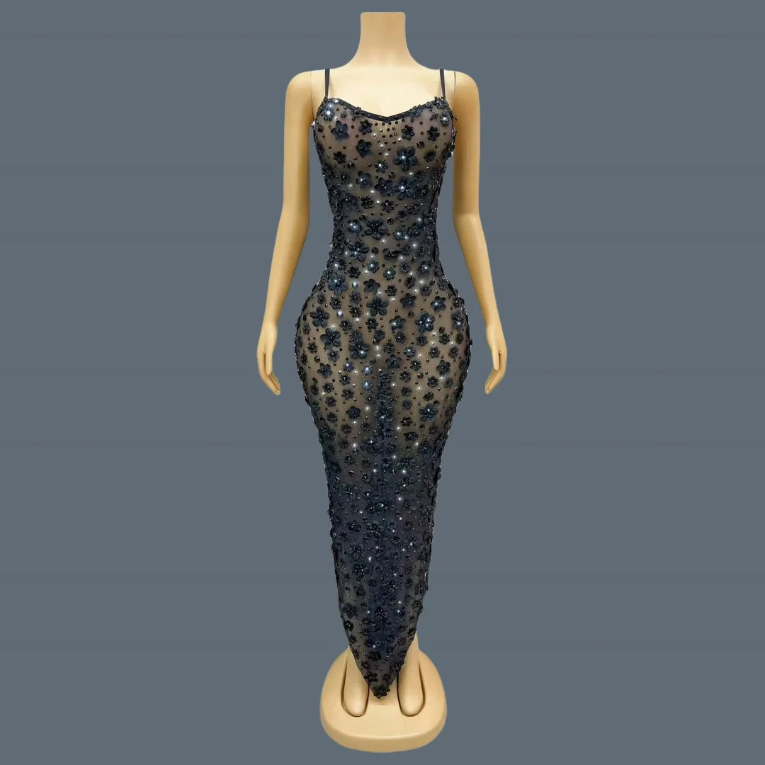 Shine Rhinestone Black Evening Dress Sheer Mesh Tight Fitting Flower Long Dress Elegant Mysterious Party Sexy Women Dress Cunjie Sleeveless