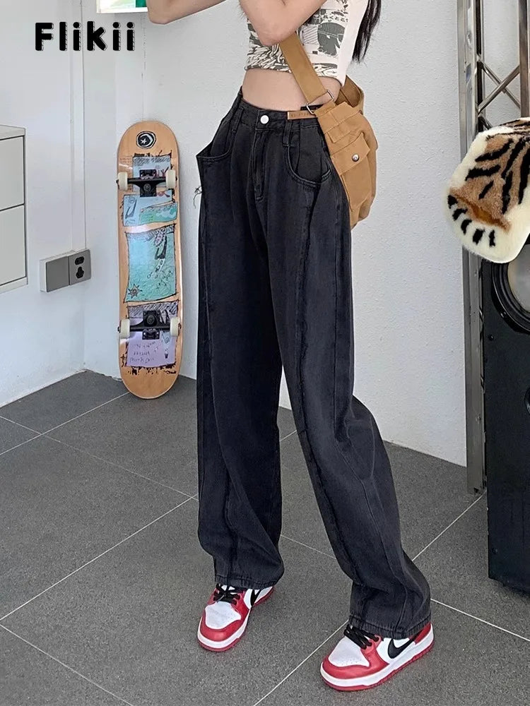 American Retro High Waist Straight Pockets Jeans Hip-hop Pants Spring Women's Grunge Streetwear Casual Y2K Denim Trouser