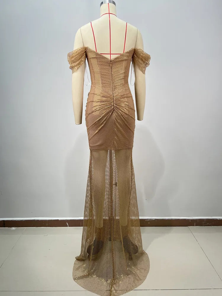 Women Celebrity Sexy Off Shoulder Diamonds Net Sparkly Gold Maxi Long Gowns Dress Elegant Evening Party Club Vestido