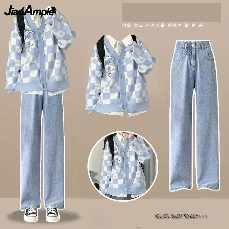 Women's Autumn Winter Loose Sweater Coat+Shirt+Jeans Three Piece 2024 New Matching Set Korean Elegant Cardigan Denim Pants Suit