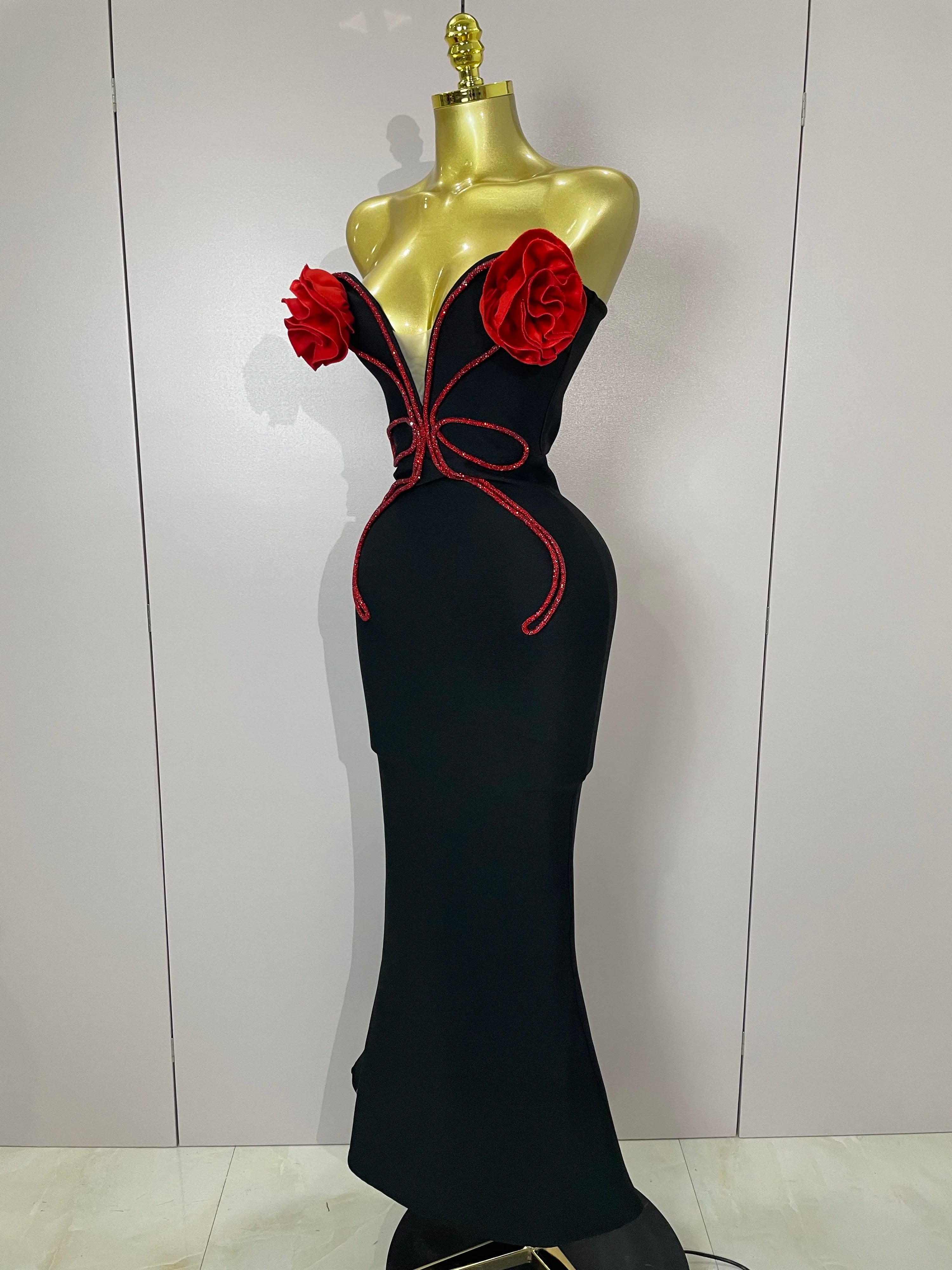 2025 black Off Shoulder Red Flower Bandage Long Dress Women Elegant Fshion Celebrity Party Dress