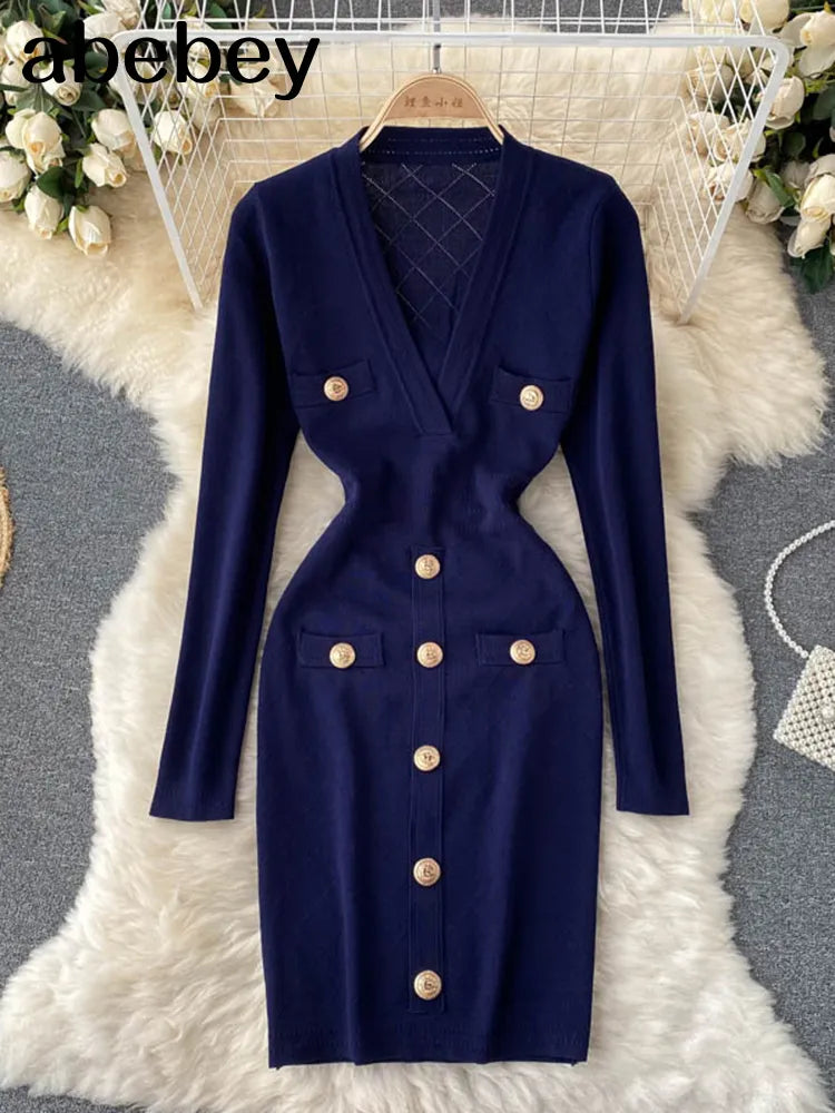 Women Knitted Pencil Dress Korean Long Sleeve V Neck Elastic Slim Dress Autumn Winter Sexy Bodycon Warm Sweater Dress