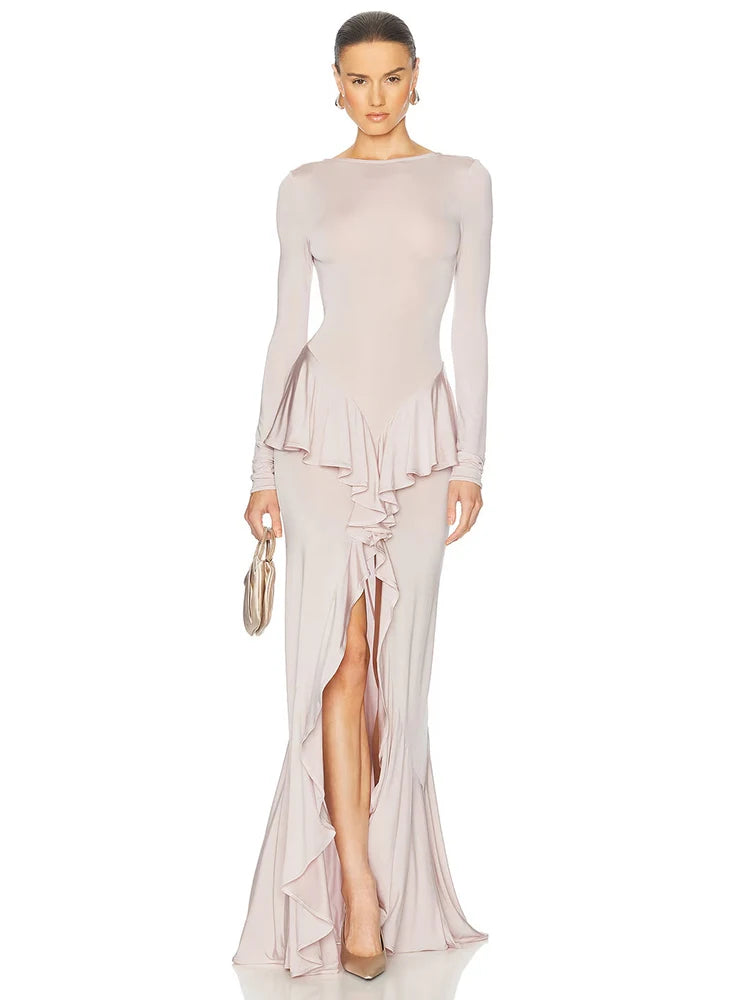 Backless Ruffled Sexy Maxi Dress For Women Gown Fashion O Neck Long Sleeve Thigh High Split Evening Long Dress Elegant Pink