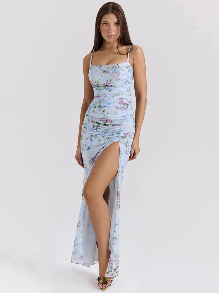 Blue Floral Print Mesh Maxi Dress For Women Gown Zipper Spaghetti Strap Sleeveless Backless Split Club Party Long Dress