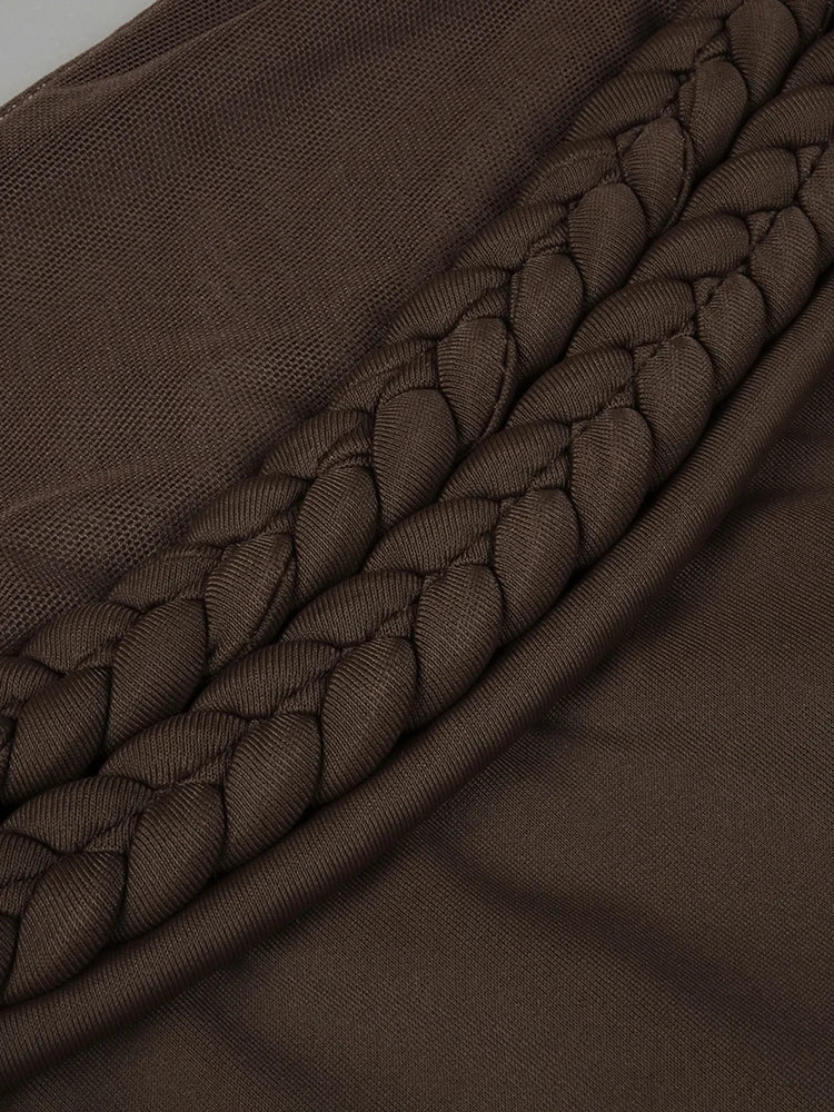 Chic Brown Sheer Side Mesh-Paneled Sleeveless Maxi Dress with Braided Details for Party Evening Gown