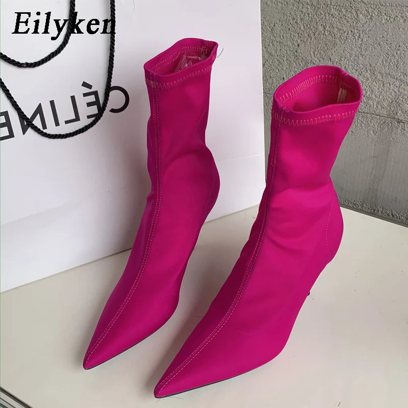 Eilyken 2025 New Spring Autumn Stretch Fabric Women Ankle Boots Sexy Pointed Toe High Heels Fashion Female Socks Pumps Shoes Mei red