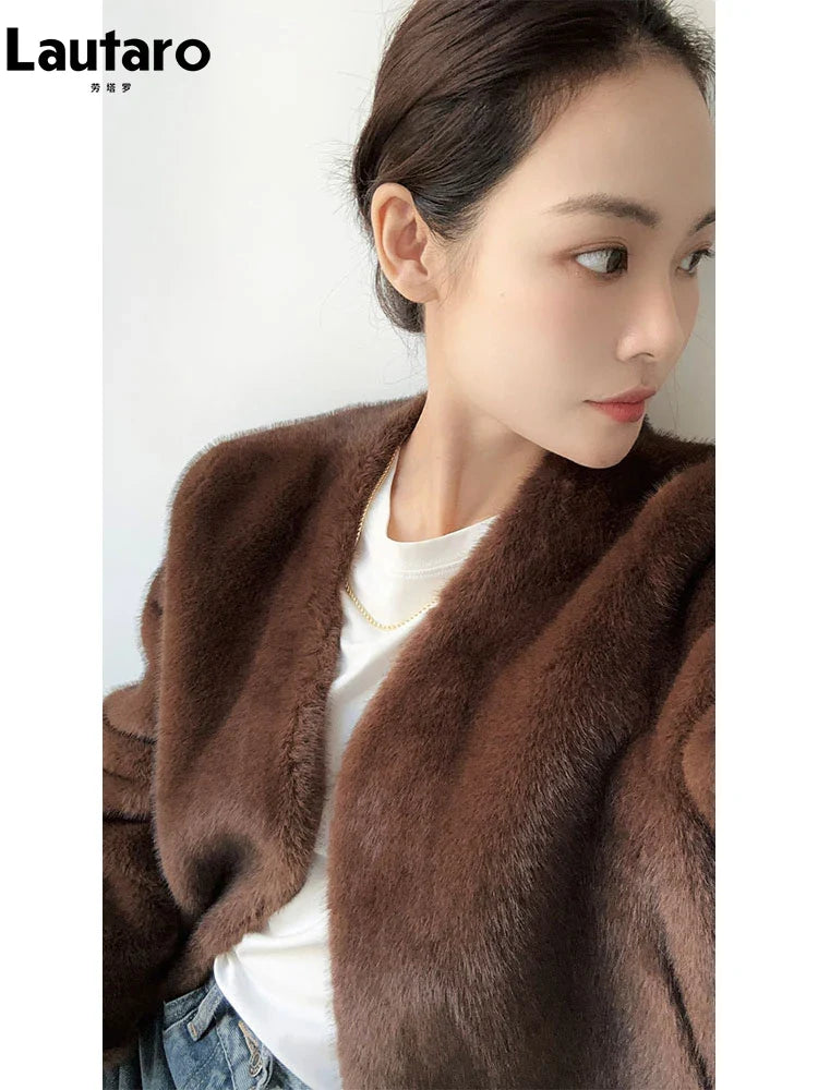 Autumn Winter Chic Luxury Soft Thick Warm Brown Faux Mink Fur Coat Women with Deep V Neck Long Sleeve Fluffy Jacket 2024