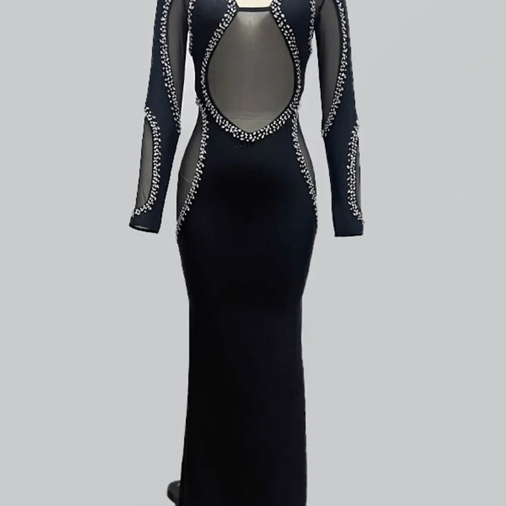 2024 Autumn Women's Light Luxury Diamond Mesh Patchwork Bandage Dress Long Sleeve Bodycon Tail Dresses Evening Party Vestidos black