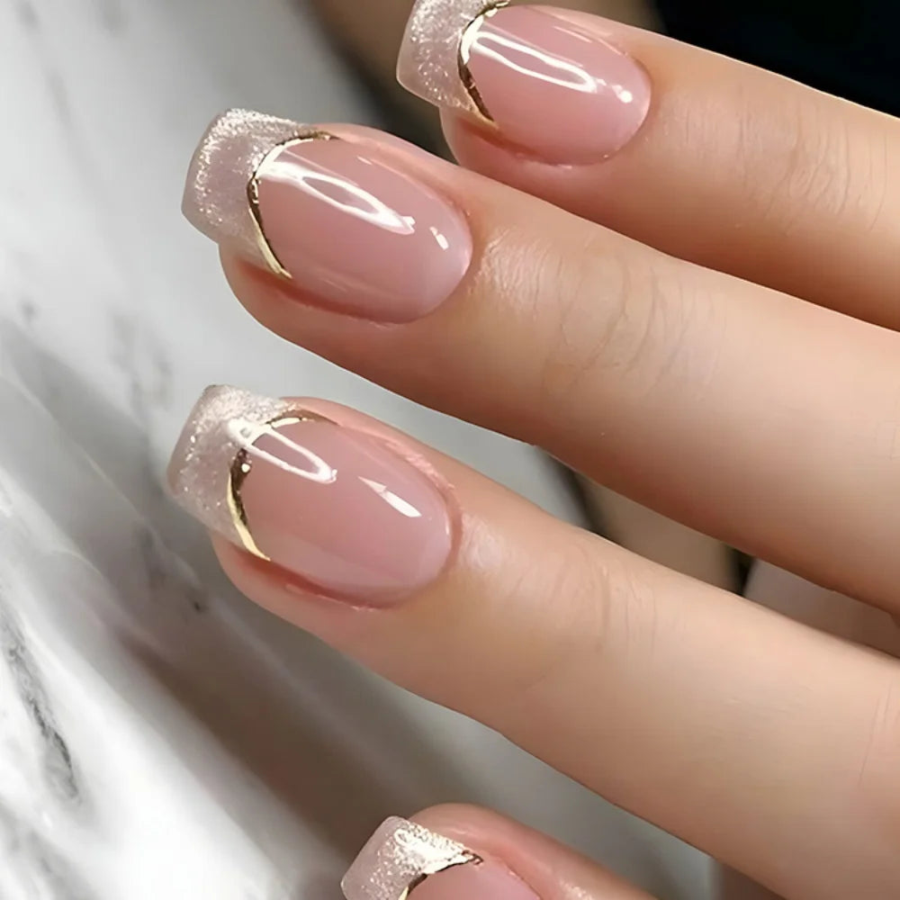 24Pcs Golden Lines Design Fake Nails Short Square Head Press on False Nails Double-layer French Reusable Full Cover Nail Tips 553