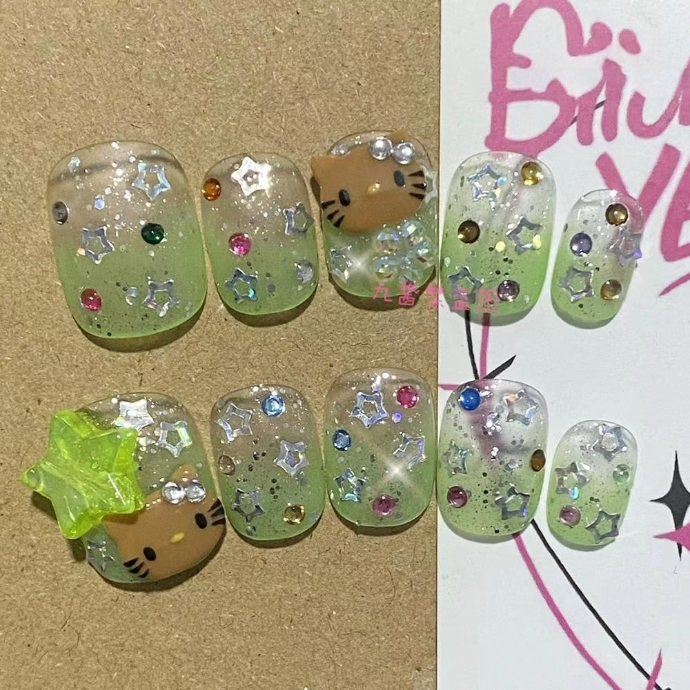 Été plage voyage vacances Hello Kitty conque ongles fille bleu jeunesse travail manuel personnalisable faux ongles fille soeur cadeau