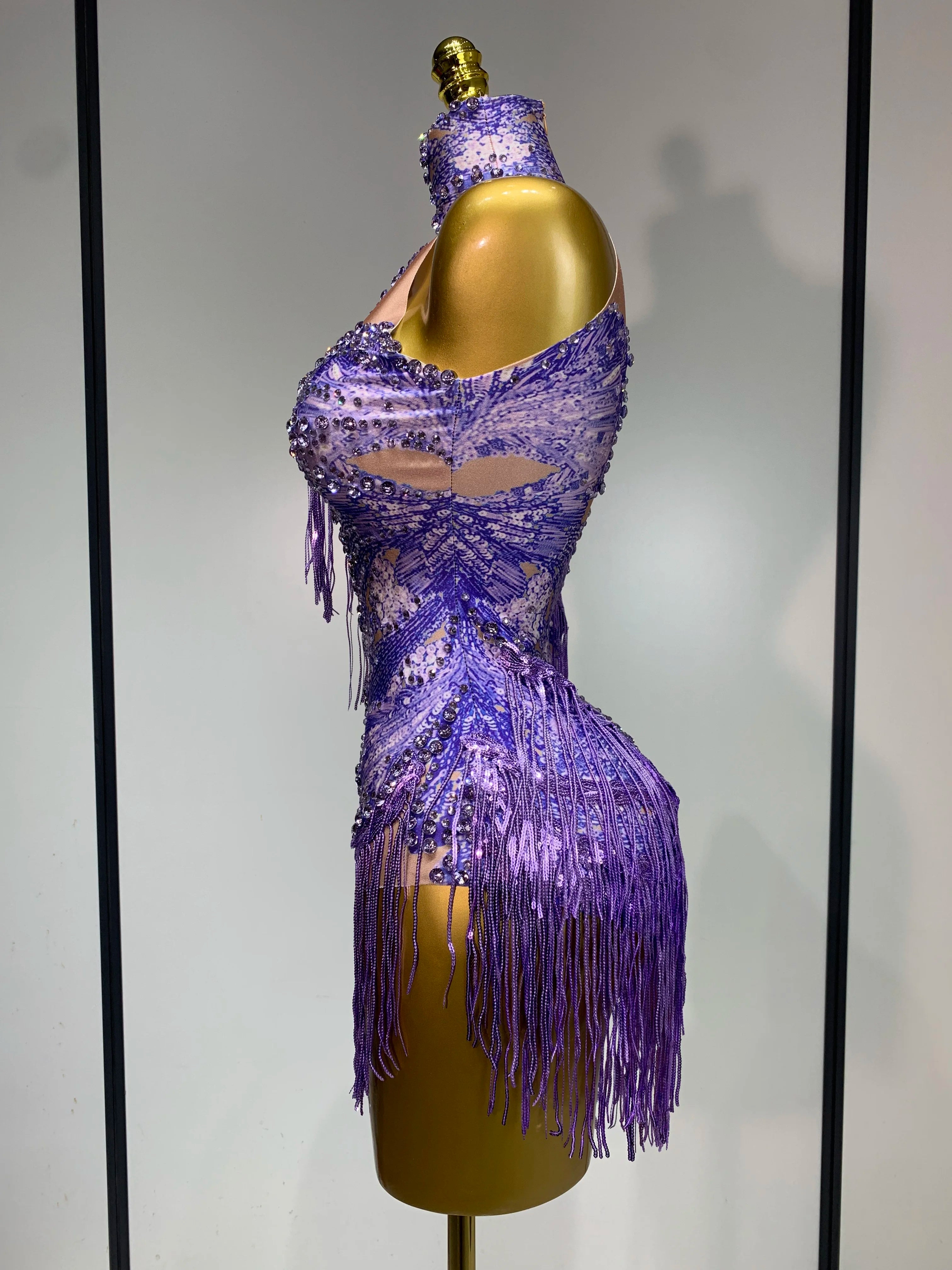 Sexy Sparkly Purple Rhinestones Tassel One Shoulder Sleeve Mini Dress Evening Party Birthday Nightclub Stage Performance Outfit