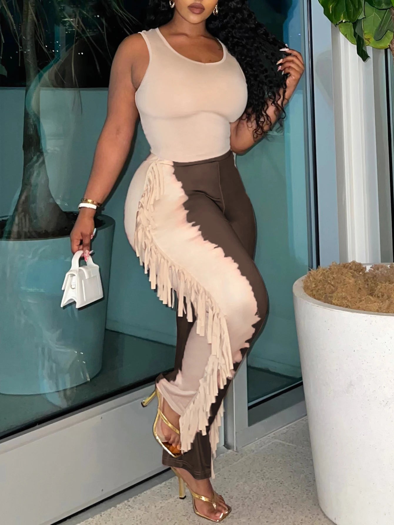 LW Plus Size casual Two pieces sets summer sleeveless U neck Cami Tank + Tie Dye Tassel Design Pants Set women Matching Set