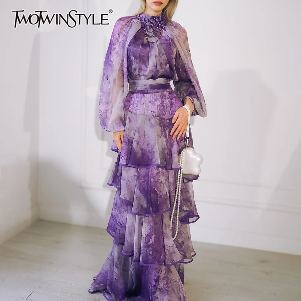 Hit Color Sheer Spliced 3D Flower Dresses for Women Round Neck Long Sleeves Patchwork Ruffles Folds Dress Female