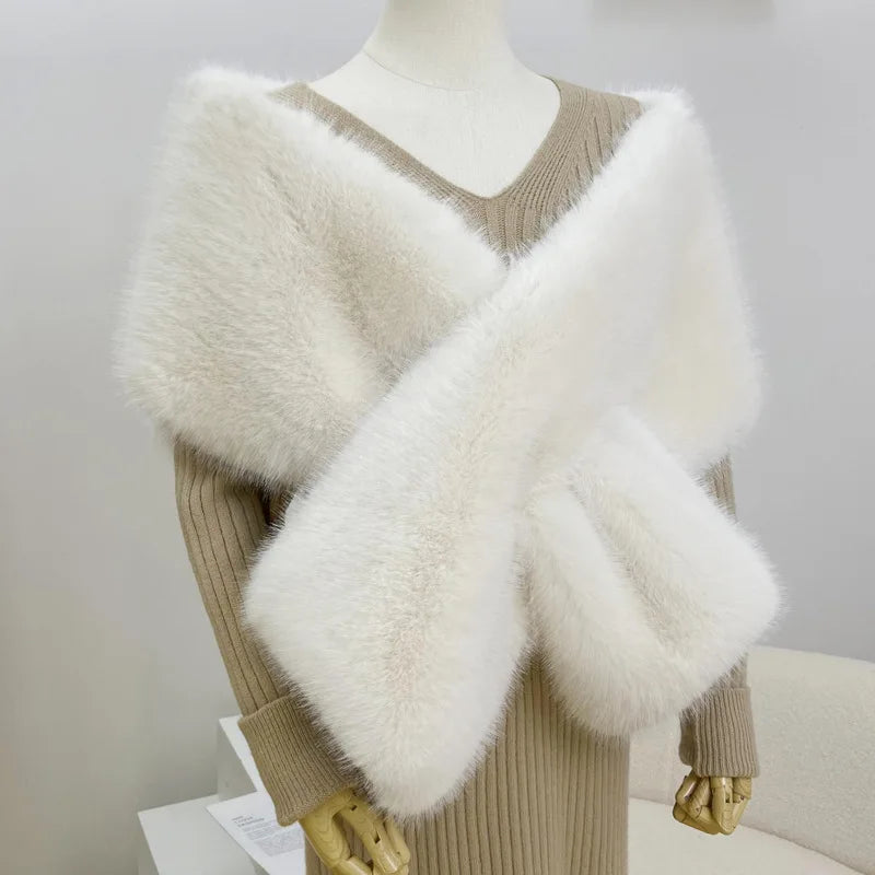 Women Fur Capes Wedding Bridal Shawl Bolero Faux Fur Stole Winter Luxury Fluffy Warm Outerwear Jacket Formal Party Shrug 165cm beige white 165cm