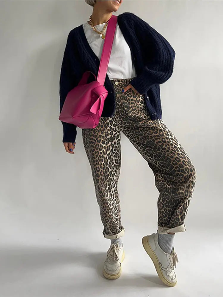 Fashion Leopard Print Wide Leg Pants Women Chic Glitter High Waist Elastic Lace Up Loose Long Pants Casual High Street Wear Pants B