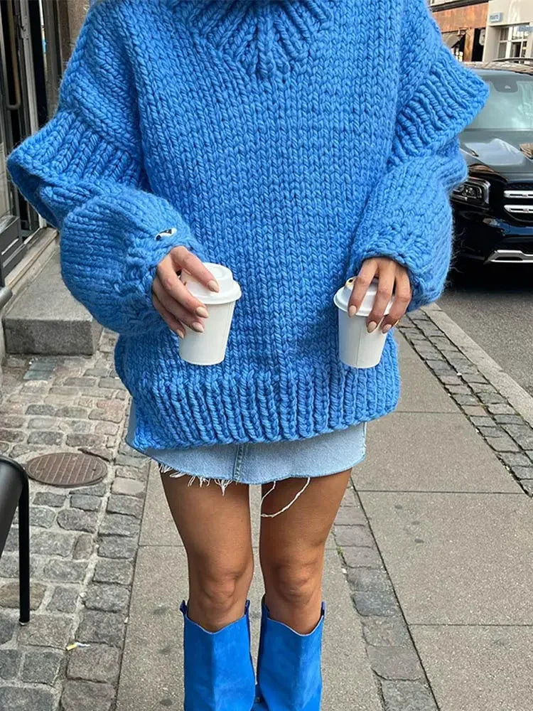 Solid Knit Turtlrneck Double Lantern Sleeve Women Pullover Thick Warm Oversized Loose Top Sweater 2023 Fall Winter Chic Knitwear