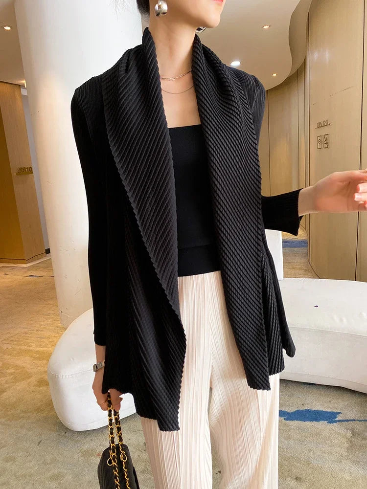 ALSEY Miyake Pleated Fashion Short Coats Women's Fall Winter New Black Loose Open Stitch Turn-down Collar Korean Jackets black One Size