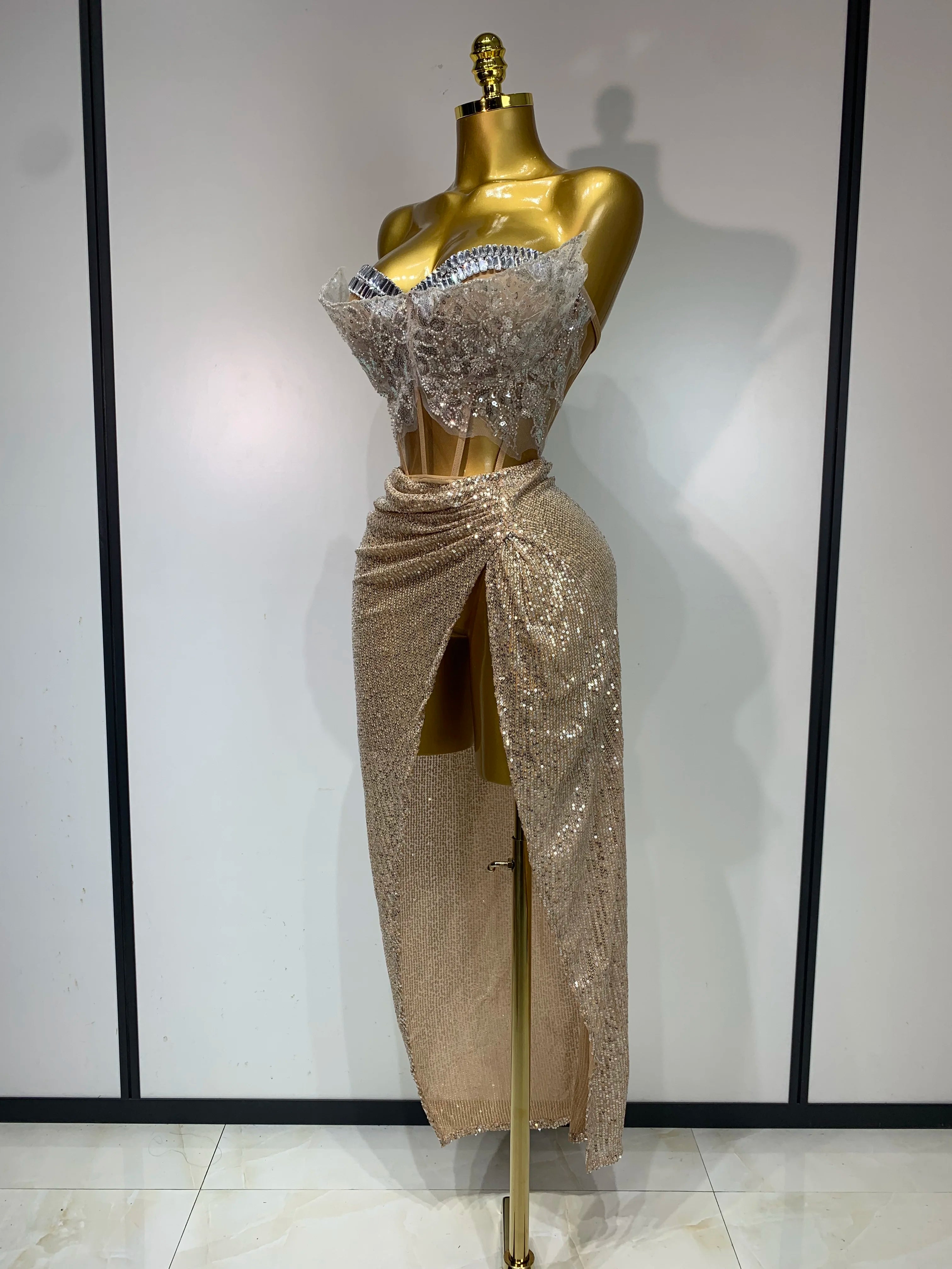 Women Sexy Singer Dancer Performan Costume Night Club Bar Girl Sparkly Sequins Diamond Party Two Piece Set Evening 0utfit