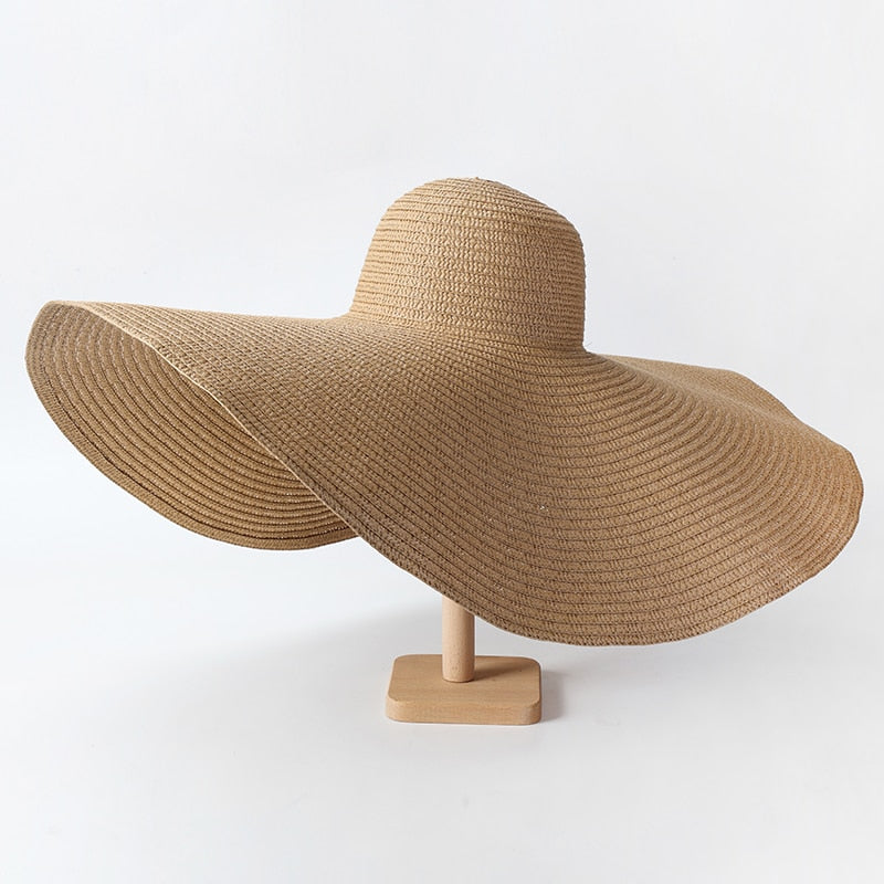 Summer 70cm Large Wide Brim Sun Hats For Women Oversized Beach Hat Foldable Travel Straw Hat Lady UV Protection Sun Shade Hat khaki 54-57cm