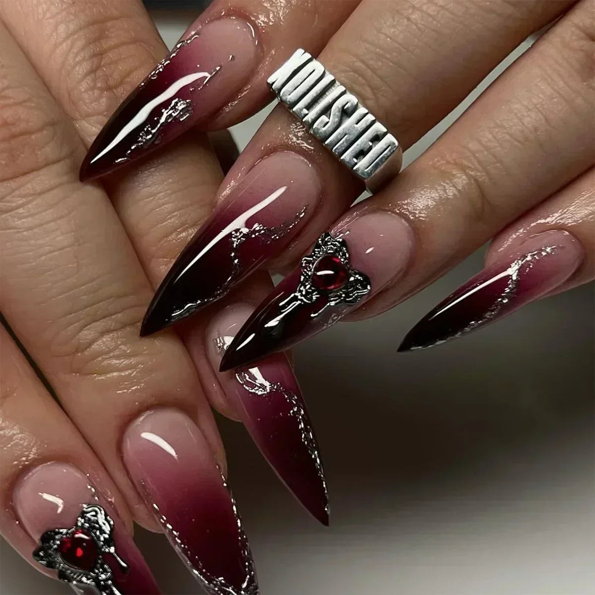24Pc False Nails with Glue Almond Black Red Gradient Design Detachable Rhinestone Acrylic Fake Nail Long Stiletto Press on Nails 2