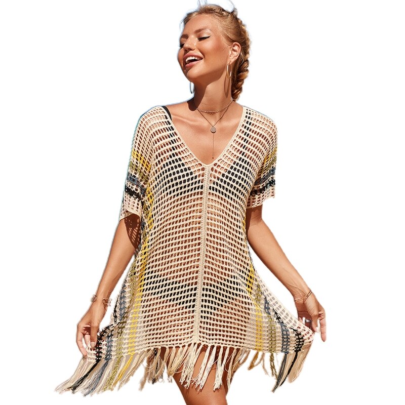 Swimsuit Cover Beach Cover Up Crochet Iridescence Knitted Beachwear Long Pareos Sexy Beach Dress Apricot spell