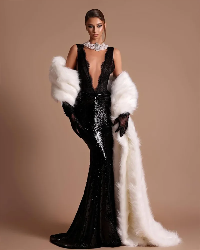 2025 Black Lace Patchwork Sequins Sexy V-Neck Mermaid Floor Length Dress Fashion Woman Party Dress Celebrity banquet Outfit black