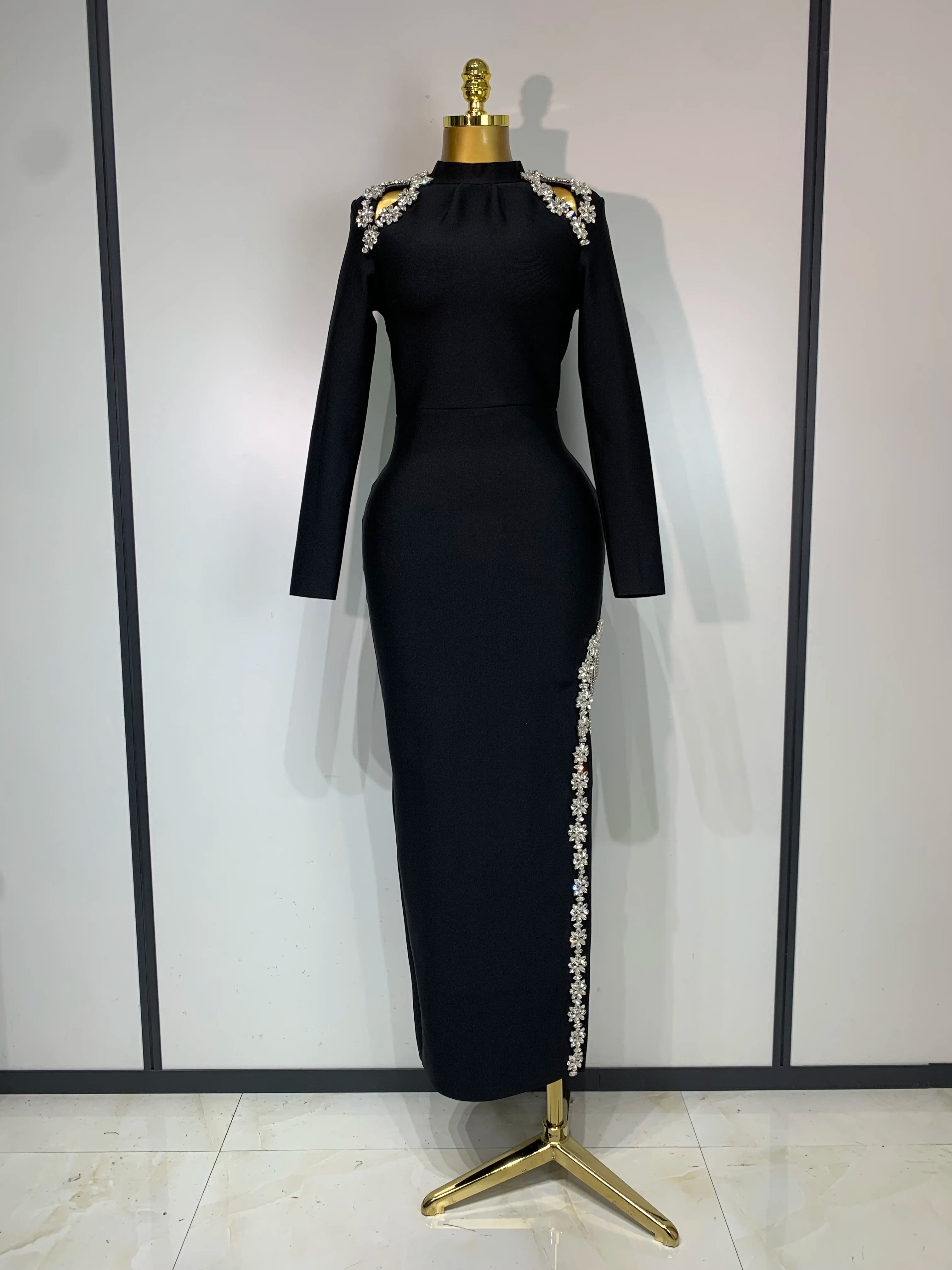 Women Long Sleeve Sexy Shinning Crystal High Split Bodycon Long Bandage Dresses Elegant Evening Party Birthday Cocktail Outfit black