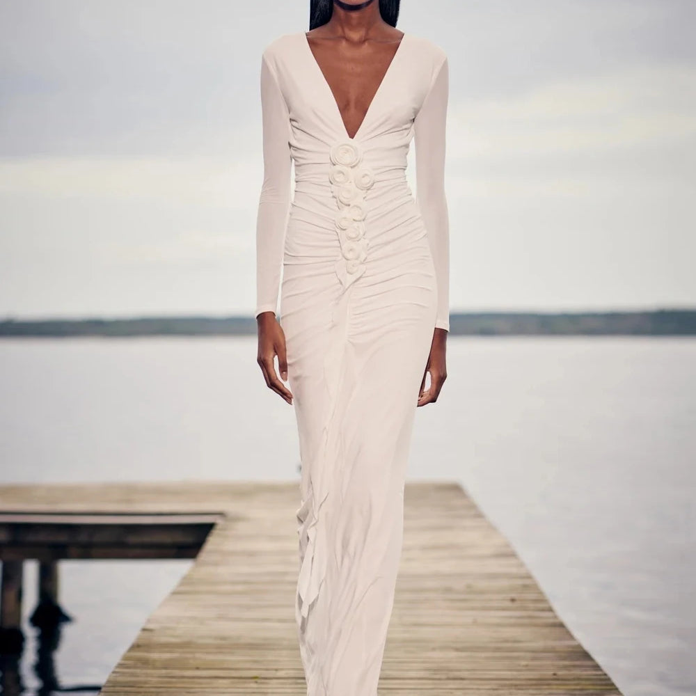 Modphy Sexy V-neck splicing 3D Flower Fold Tight Long Dress Women Long sleeves Solid White 2025 Party Evening Wedding Gowns