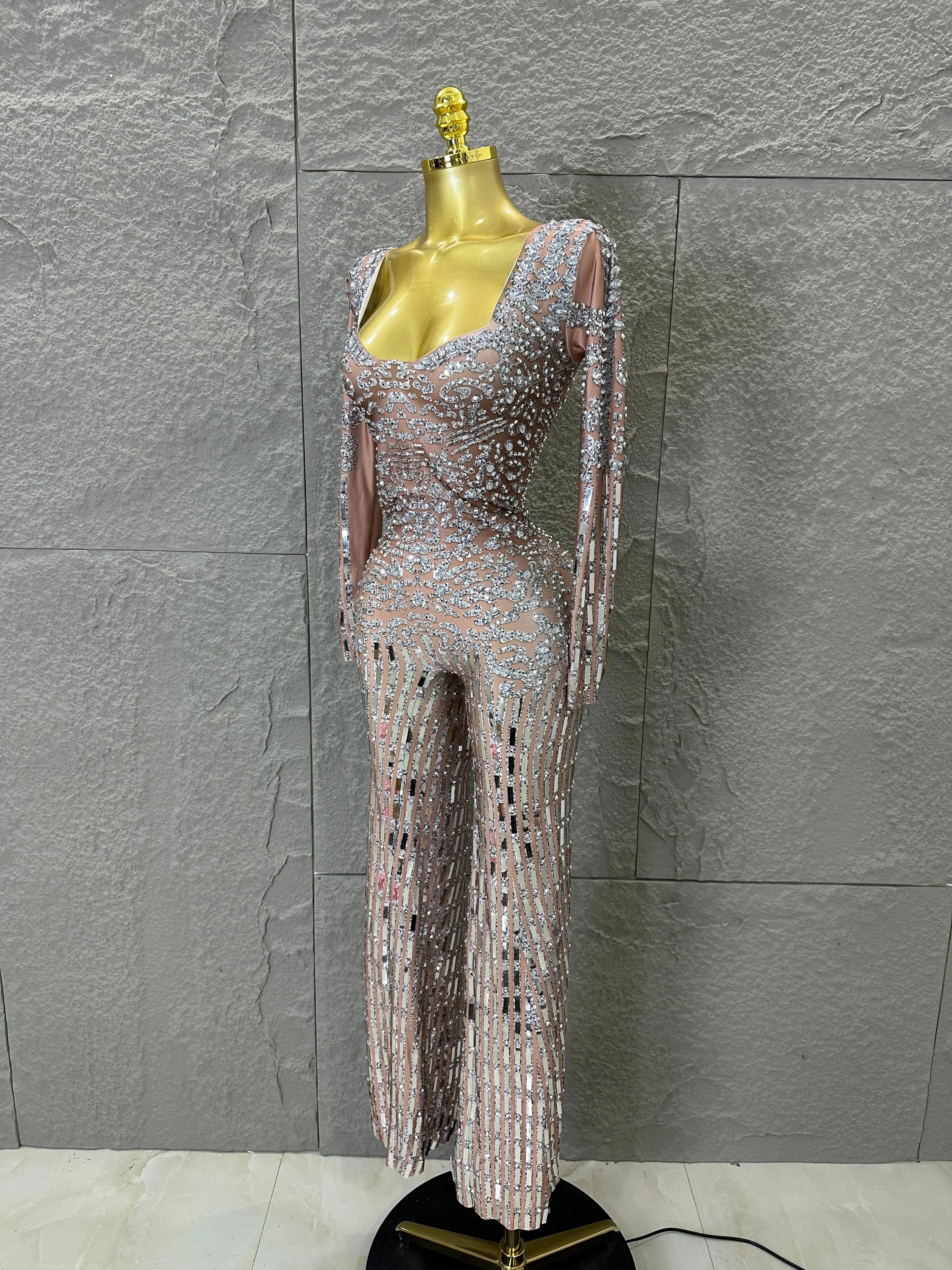 Silver Sheer Mesh Jumpsuit Women Sexy Sweetheart Neck Long Sleeve Full Crystal Skinny Outfit Stage Performance Costume