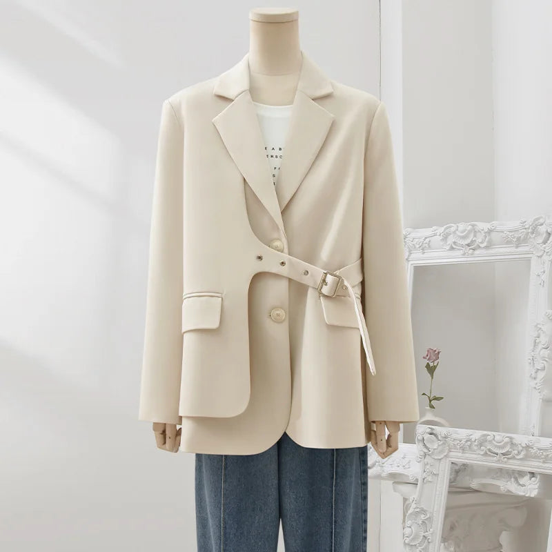 LANMREM Designer Spliced Blazer Coat For Women Single Breasted Long Sleeves Irregular Coats Female Clothing 2023 Autumn 32D163 Beige