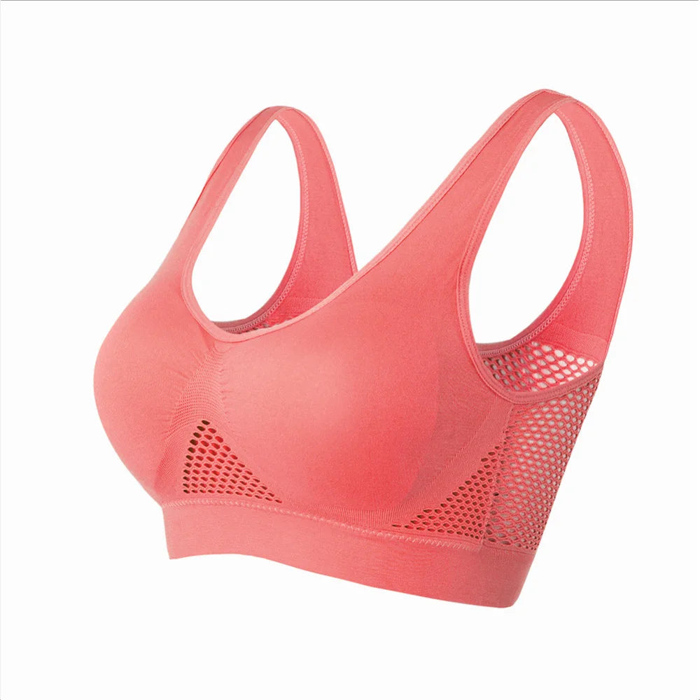 Seamless Mesh Women Sports Bras Fitness Gym Running Underwear Shockproof Bra Wireless 6XL Plus Size Crop Top Breathable Yoga Bra Rose red