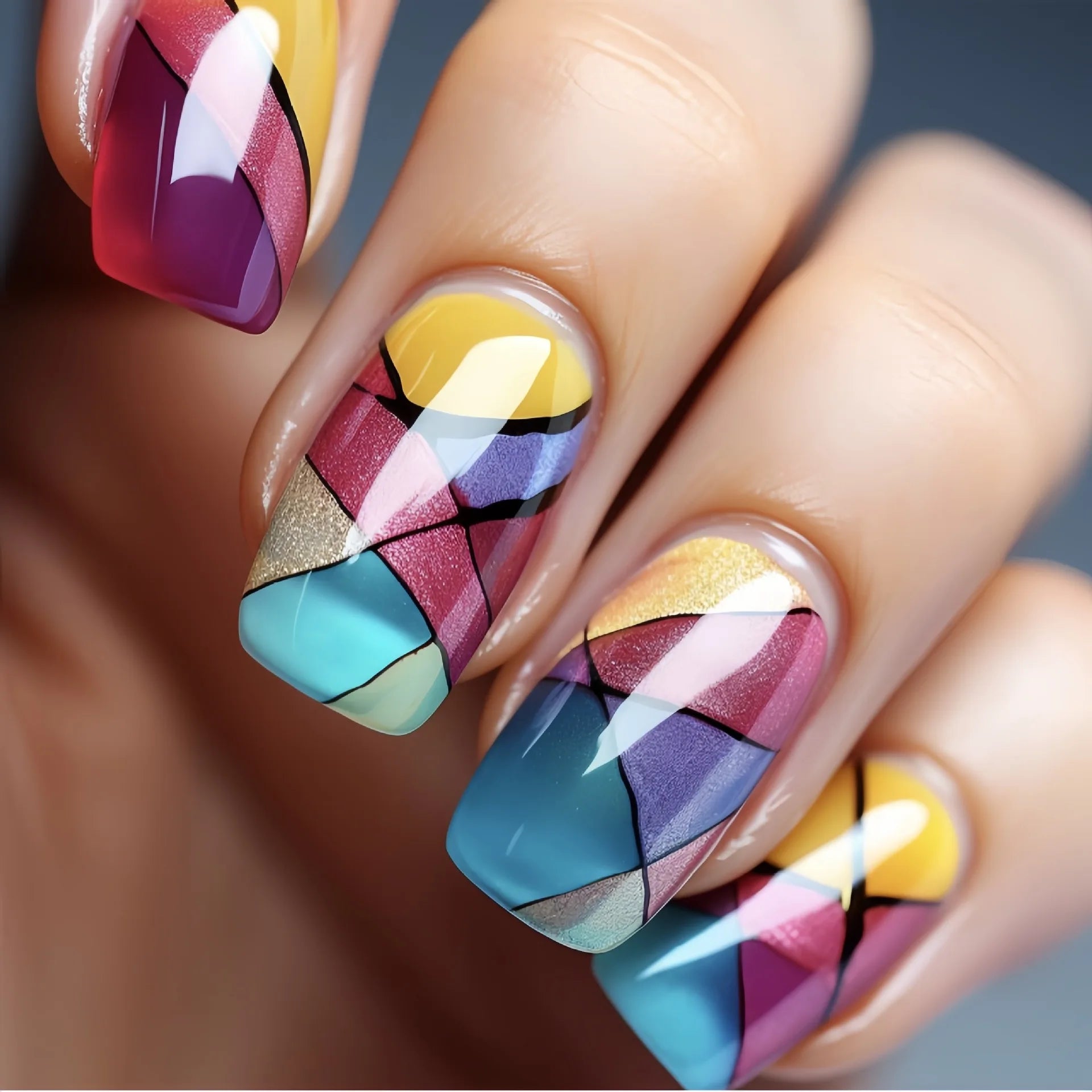 24Pcs Lightning Stripe Smudging Press on Fake Nails Mid-length Square Head False Nails Green Wearable Fashion Full Nail Art Tips 3