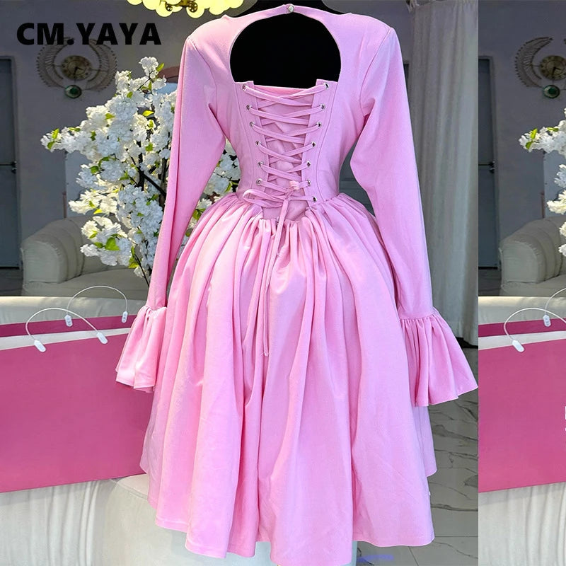2025 Women O-neck Long Flare Sleeve Pleated Mini Midi Dress Backless Elegant Birthday Beach Night Party Vestidos Dresses