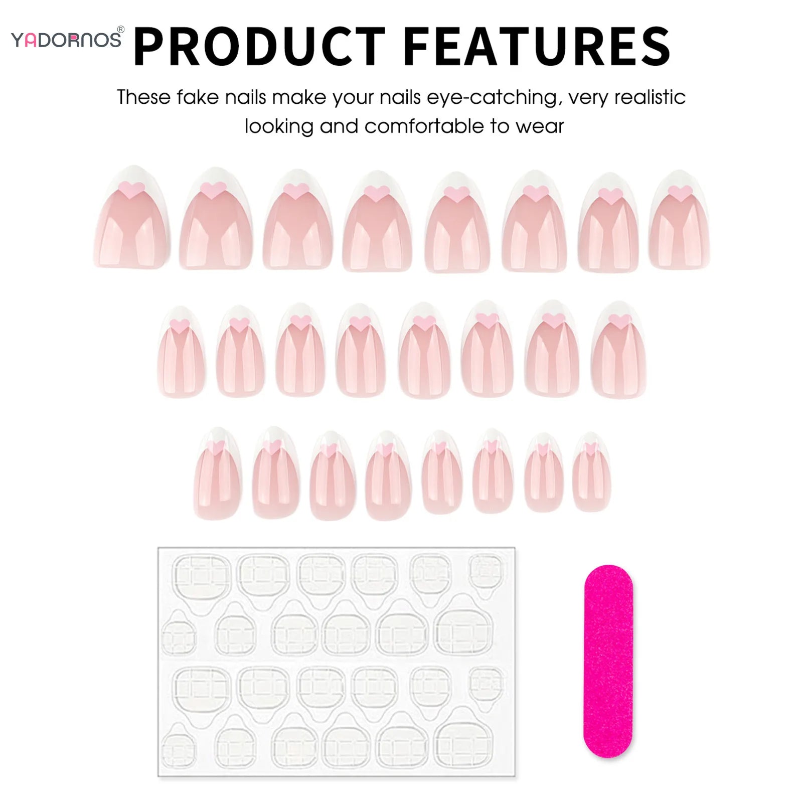 Short Almond Fake Nails 24Pcs White French Press On Nails Pink Love Heart Printed Women Girls Valentine's Day Charm Manicure