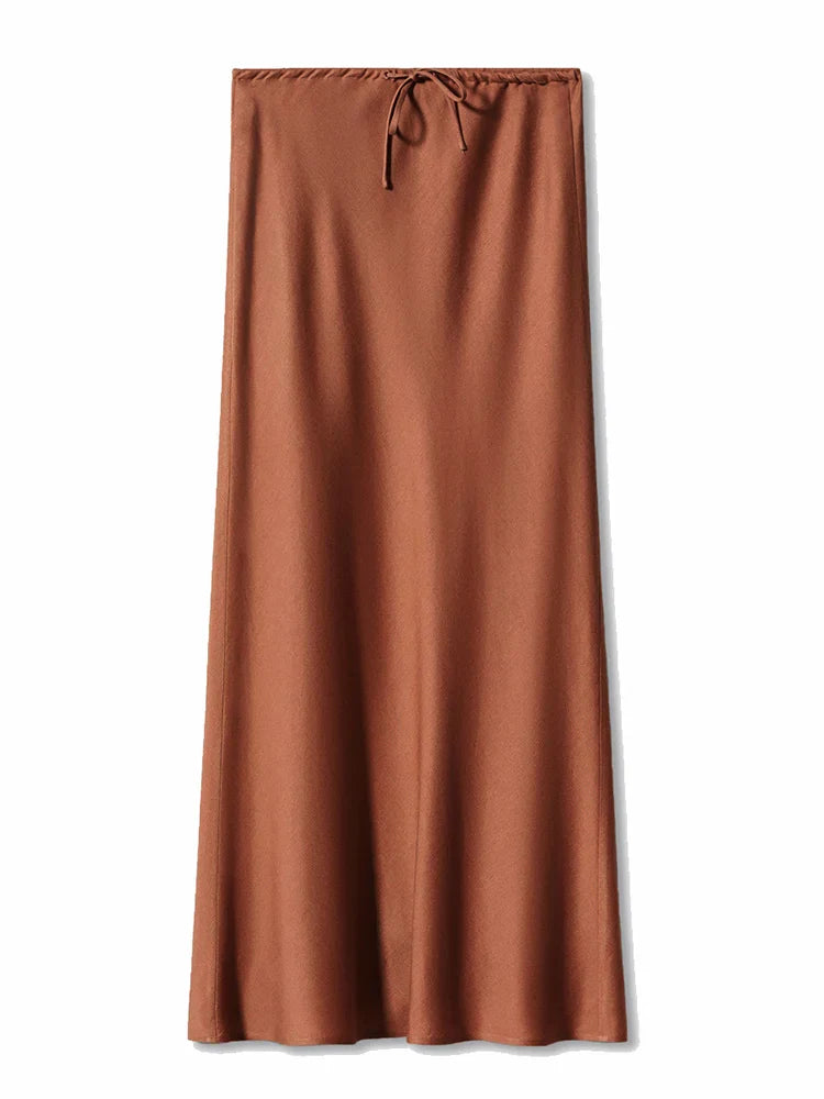 Streamgirl A Line Long Satin Skirts For Women Black Elegant High Waist Maxi Beige Skirts Silk Lace Up Long Skirt Women Brown