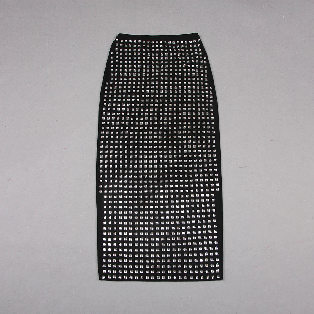 Shining Square Diamonds Sexy Mesh See Through Black Long Skirt Fashion Woman High Street Wear Evening Party Outfit black