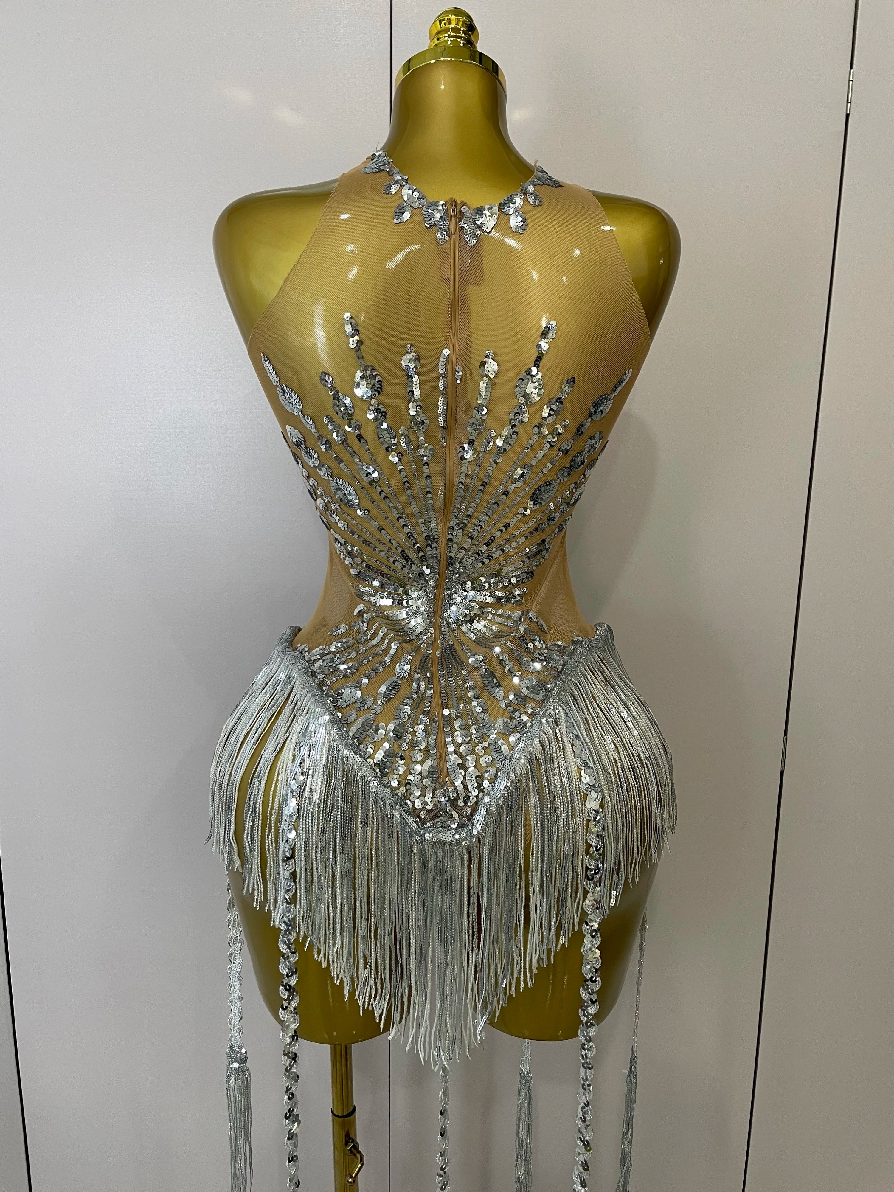 STOCK Sliver Sequins Shining Diamonds Sexy Mesh Long Tassel Bodysuit Women Nightclub Party Birthday Stage Performance Costume