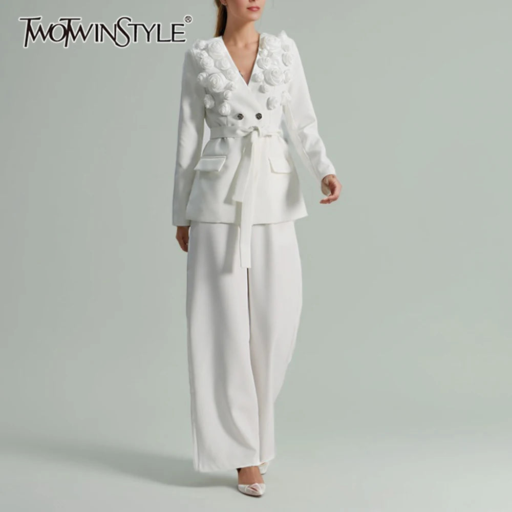 Solid Spliced Appliques Two Piece Sets for Women V Neck Long Sleeve Patchwork Pocket Top High Waist Pant Set Female