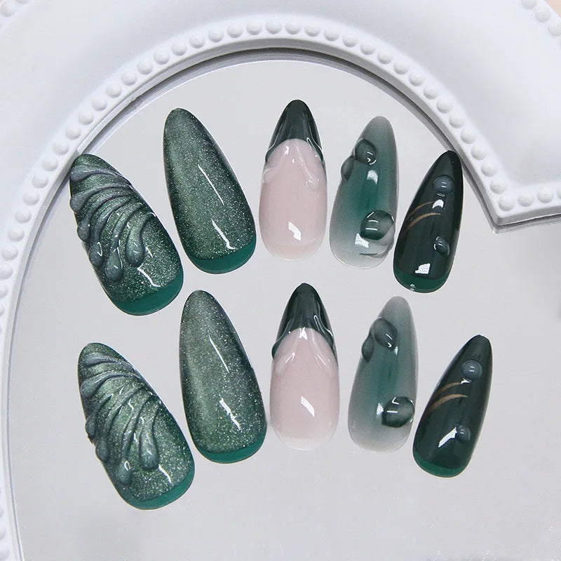 24pcs French Almond Press on Nails Retro Green Cat Eye Fake Nail Tips Detachable Wearable Sweet Cool Spice Girl False Nails