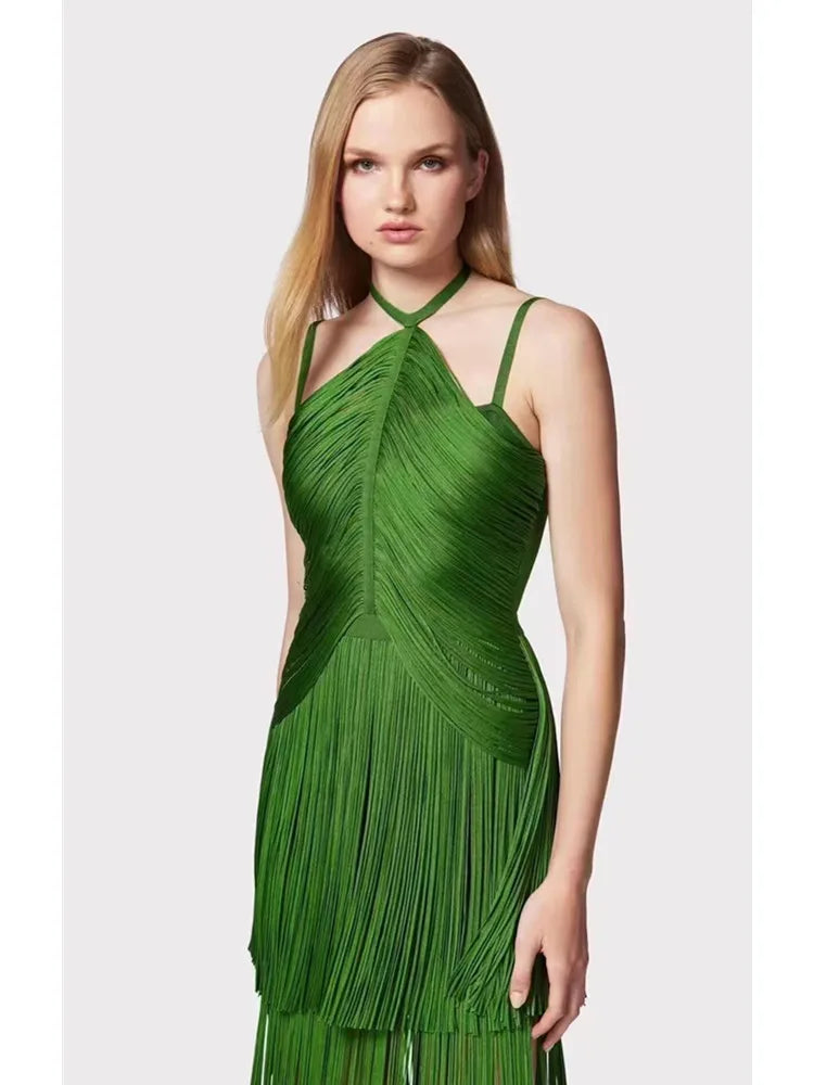 Women Celebrity Luxury Sexy Backless Tassel Green Ankle Length Bodycon Bandage Dress Elegant Evening Club Party Outfit