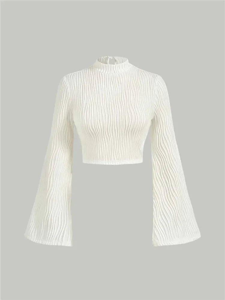 Women Textured Mock Neck Flare Long Sleeve Crop Top Fall Winter Elegant Preppy Style Y2K Rib Knit Slim T Shirt Blouse 2023 Beige