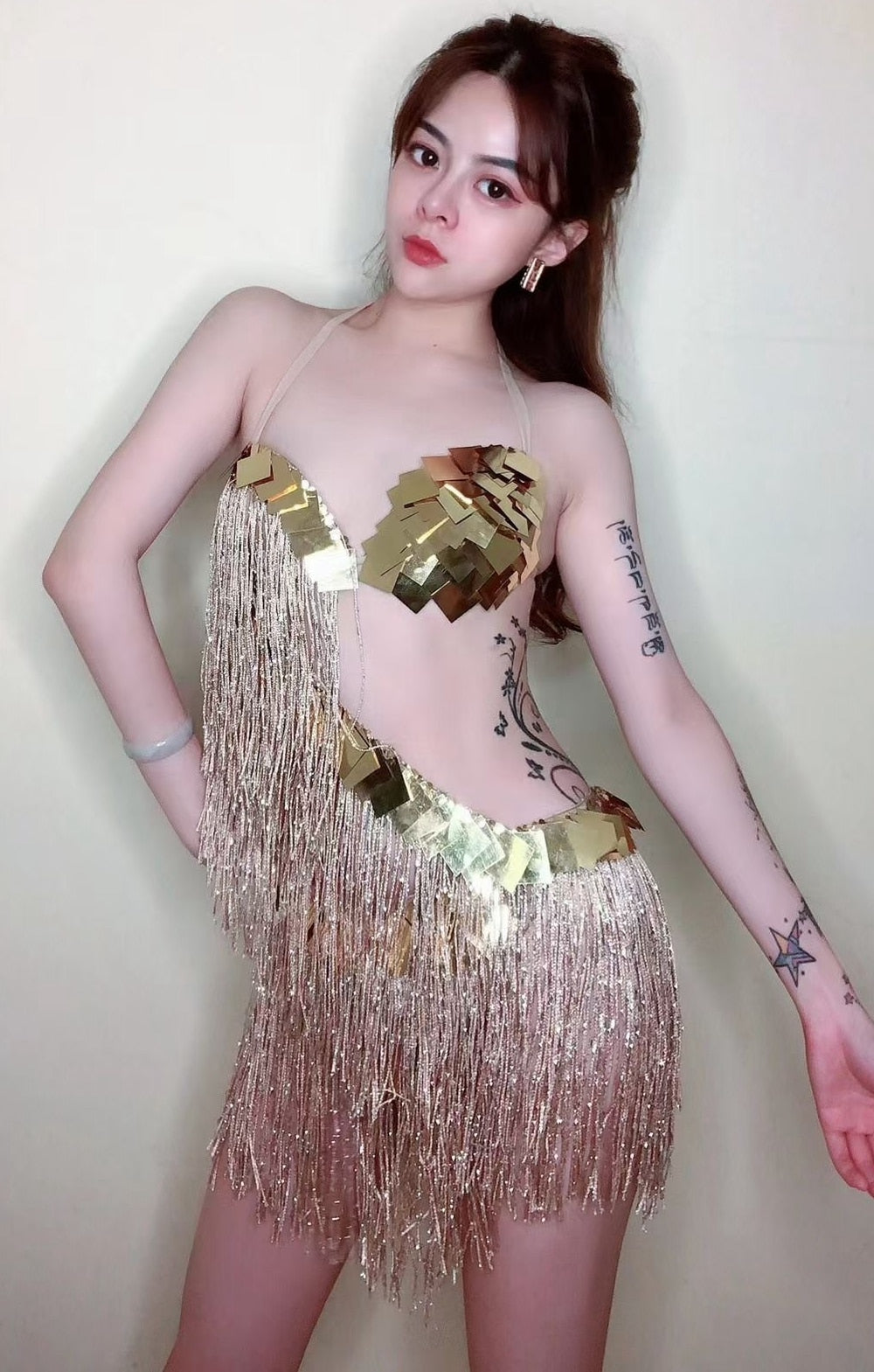 Sparkly Gold Sequins Fringes Dress Women Nightclub Tassel Dance Costume Stage Wear Birthday Outfits Sexy Pole Dance Clothing