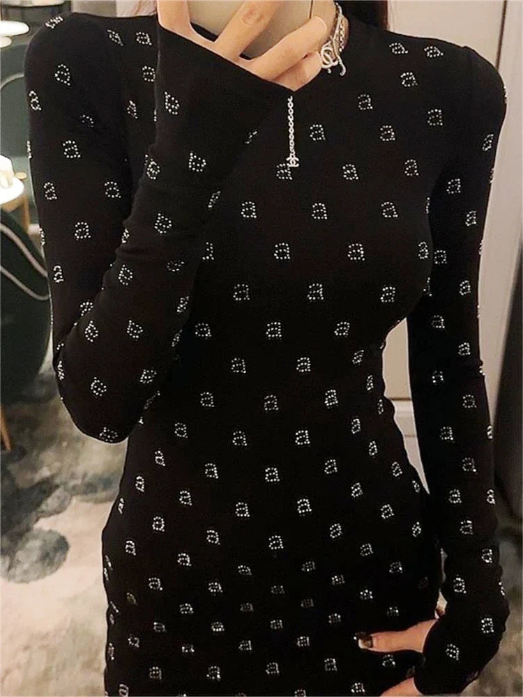 AW Wang Diamond A Letter Slim Fit Stretch Black Long Sleeve Short Skirt For Women Evening Party Dress Vestidos Midi Clothing