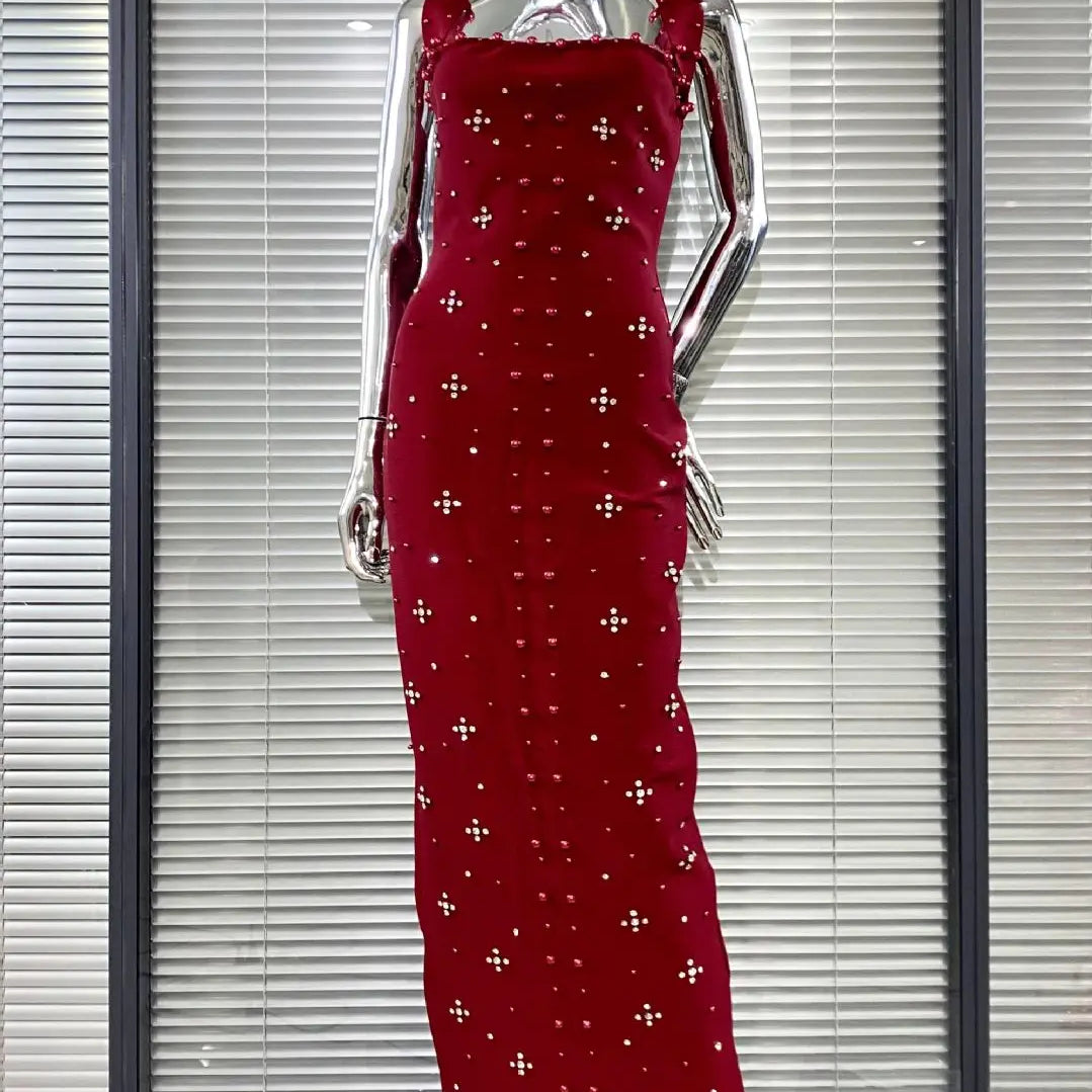 Women Sexy Halter Off the Shoulder Beading Rhinestones Bodycon Long Bandage Dress Evening Party Cocktail Vestido Burgundy