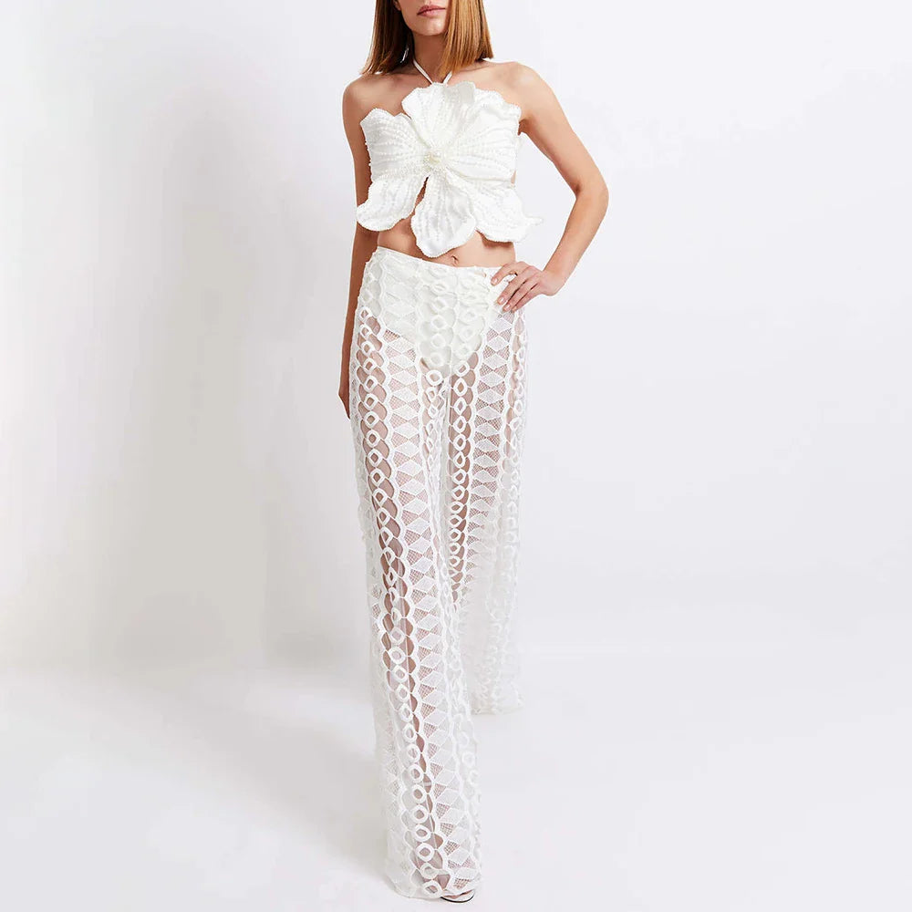 Fashion Flower Bikini Pearl Design Neck Swimsuit Luxury Sexy Tube Top Halter Seaside Vacation Hollow Trousers Women'S Retro
