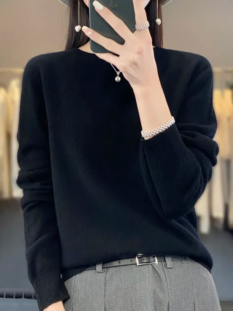 Women 100% Pure Merino Wool Knitted Sweater Autumn Winter Fashion O-Neck Top Cashmere Warm Pullover Seamless Jumper Clothes Black