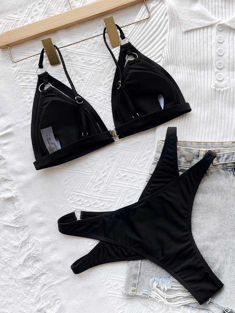 Sexy Solid Strapped Bikini High Cut Push UP Hollow Swimsuit - Swimwear Biquinis Backless Beach Bathing Suit