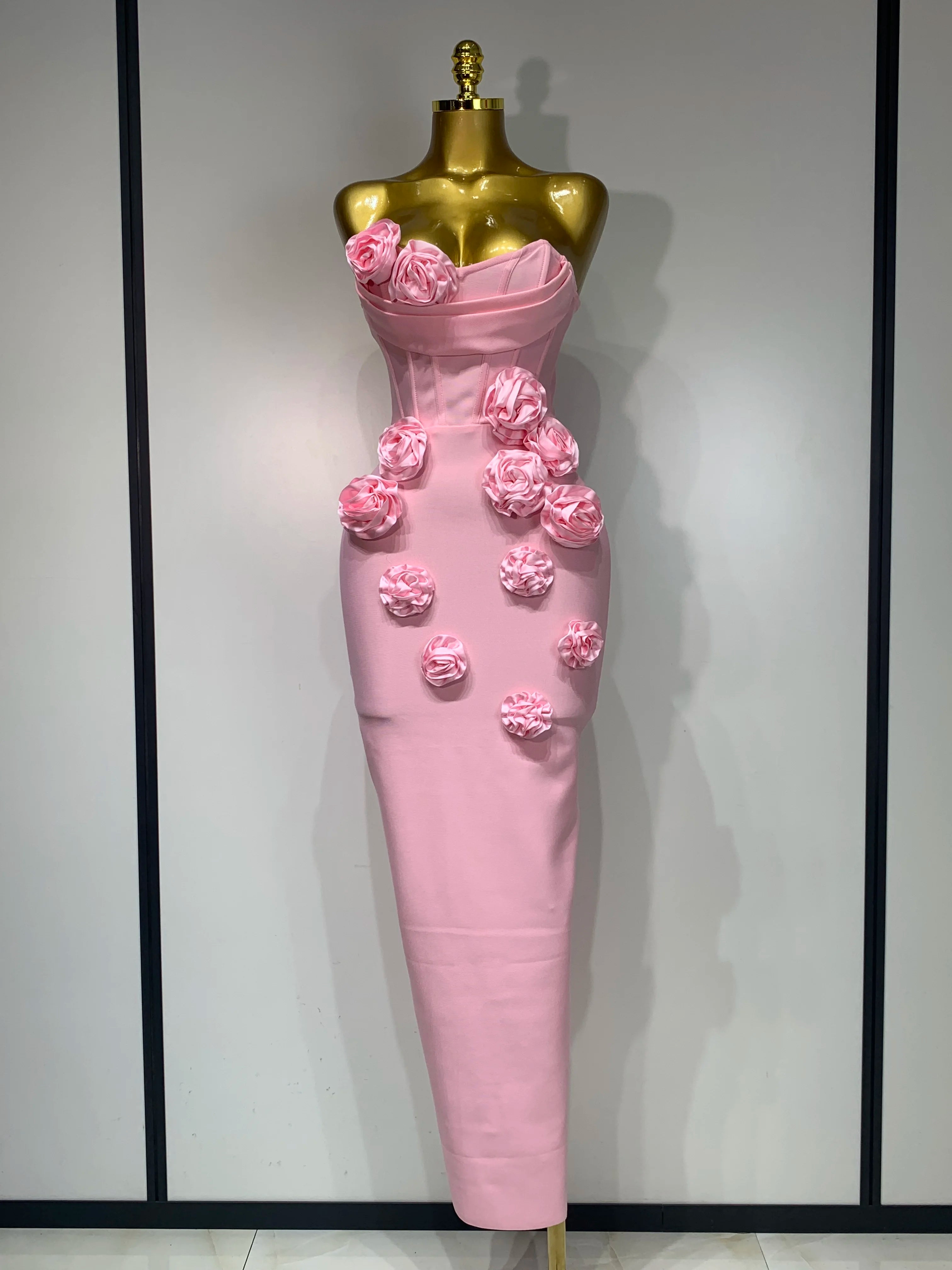 Women Celebrity Sexy Strapless Backless Flower Maxi Long Bodycon Bandage Dress 2025 Elegant Birthday Evening Club Party Dresses Pink