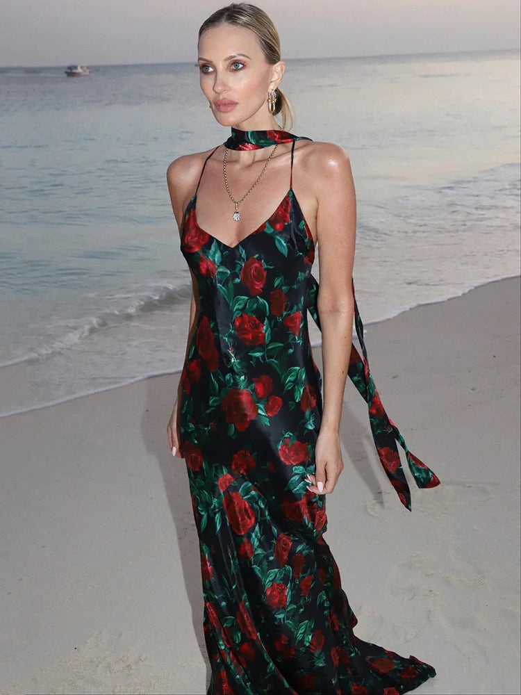 Mozision Halter Backless Print Sexy Maxi Dress For Women Gown Elegant Sleeveless High Waist Evening Club Party Long Dress